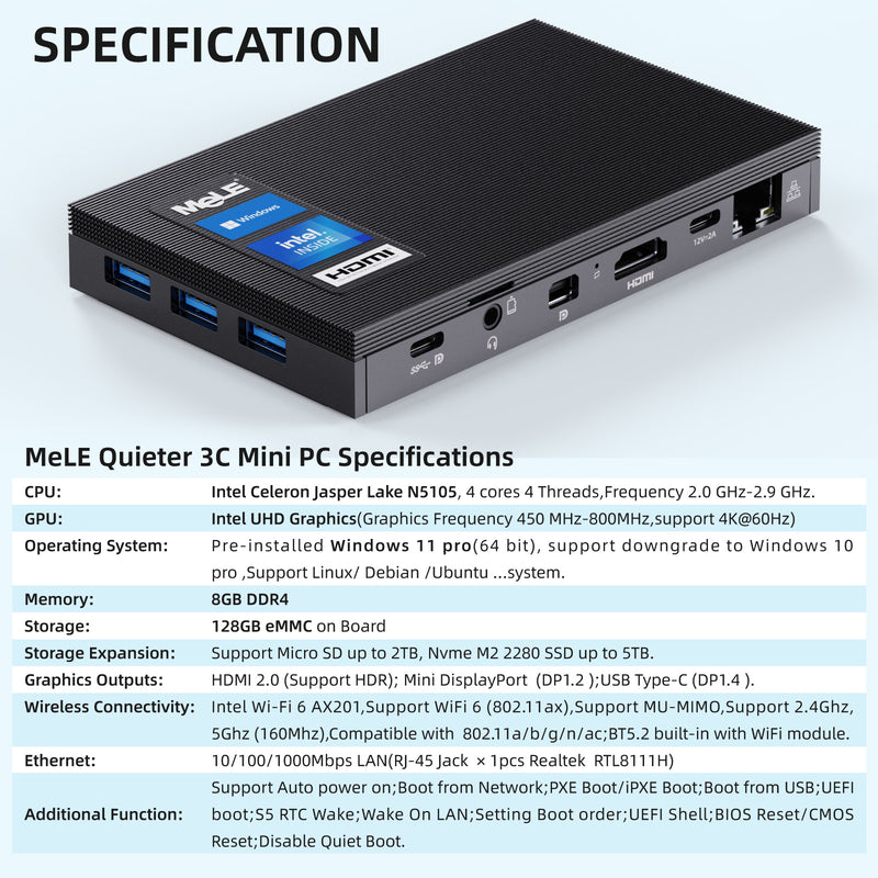 MeLE  Quieter 3C Fanless Mini PC N5105, LPDDR4, Windows11 Pro, HDMI * 2, Wi-Fi 6, BT 5.2, USB 3.2* 3, Type-C, SD Card & SSD Support, VESA Mount